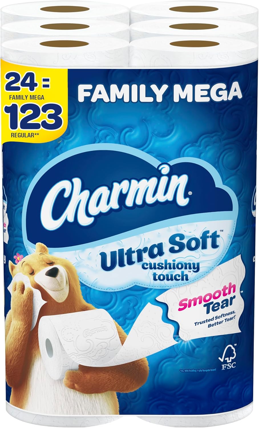 Charmin Ultra Soft Cushiony Touch Toilet Paper, 24 Family Mega Rolls = 123 Regular Rolls 24hrsmart